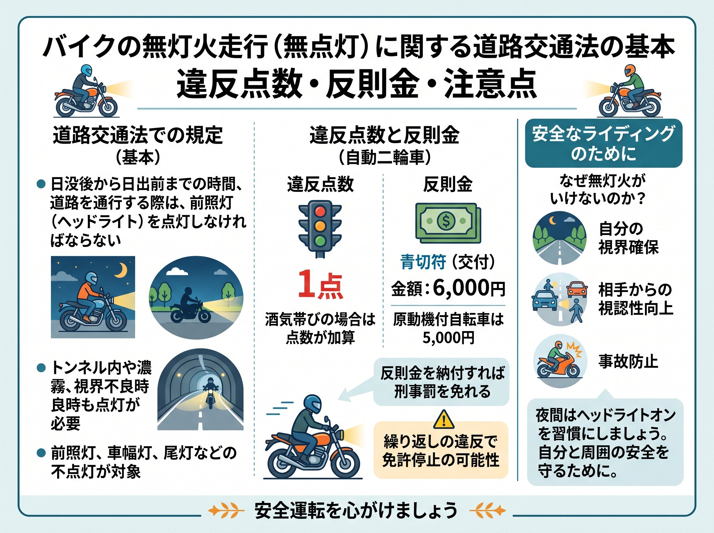 無灯火走行の違反点数・反則金と道路交通法の基本