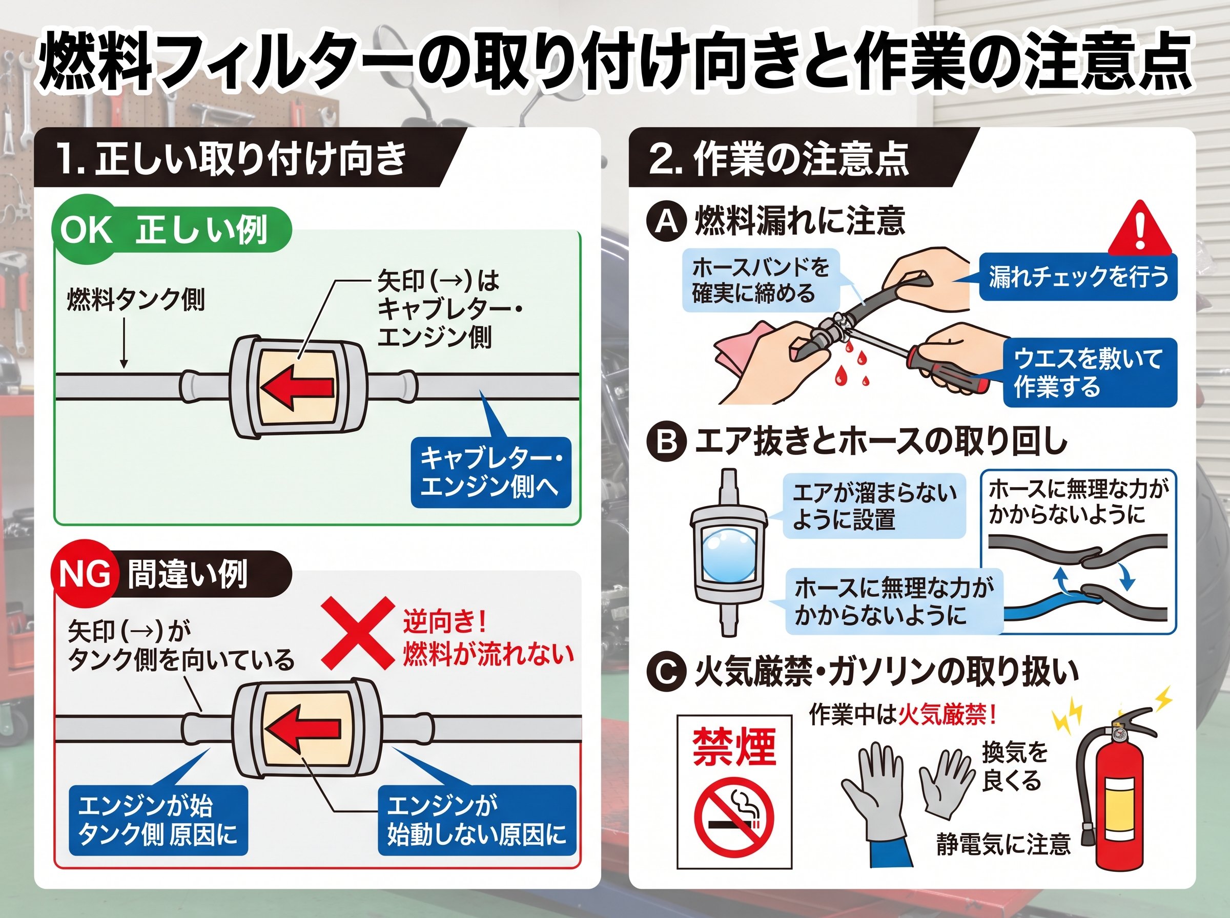 燃料フィルターの取り付け向きと作業の注意点