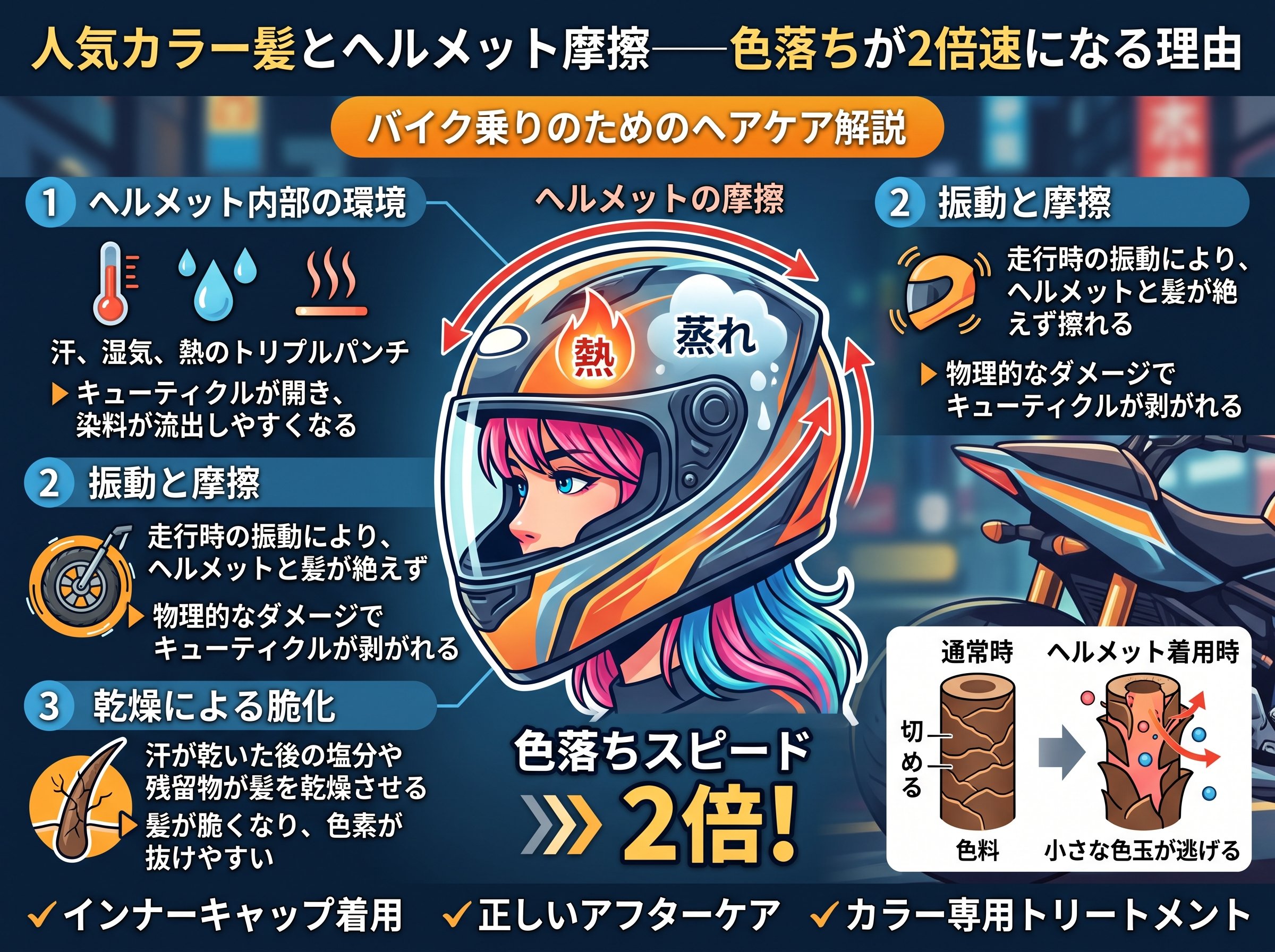 人気カラー髪とヘルメット摩擦──色落ちが2倍速になる理由