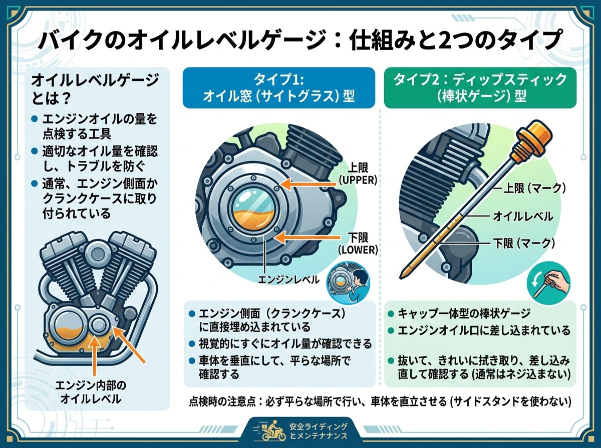 オイルレベルゲージとは何か、バイクで使われる2つのタイプの違い