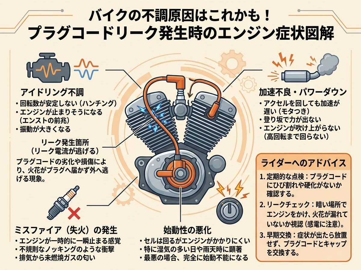 プラグコードリーク発生時のバイクエンジン症状