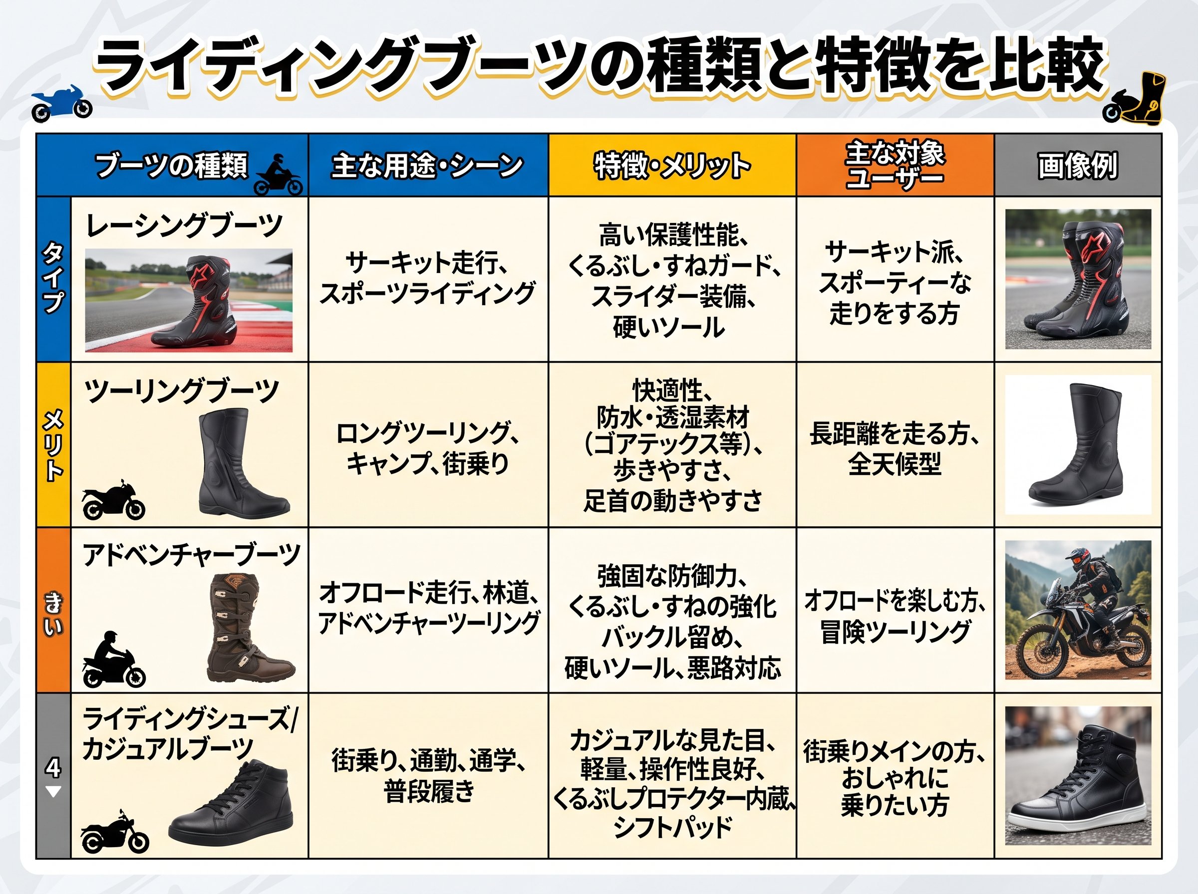ライディングブーツの種類と特徴を比較