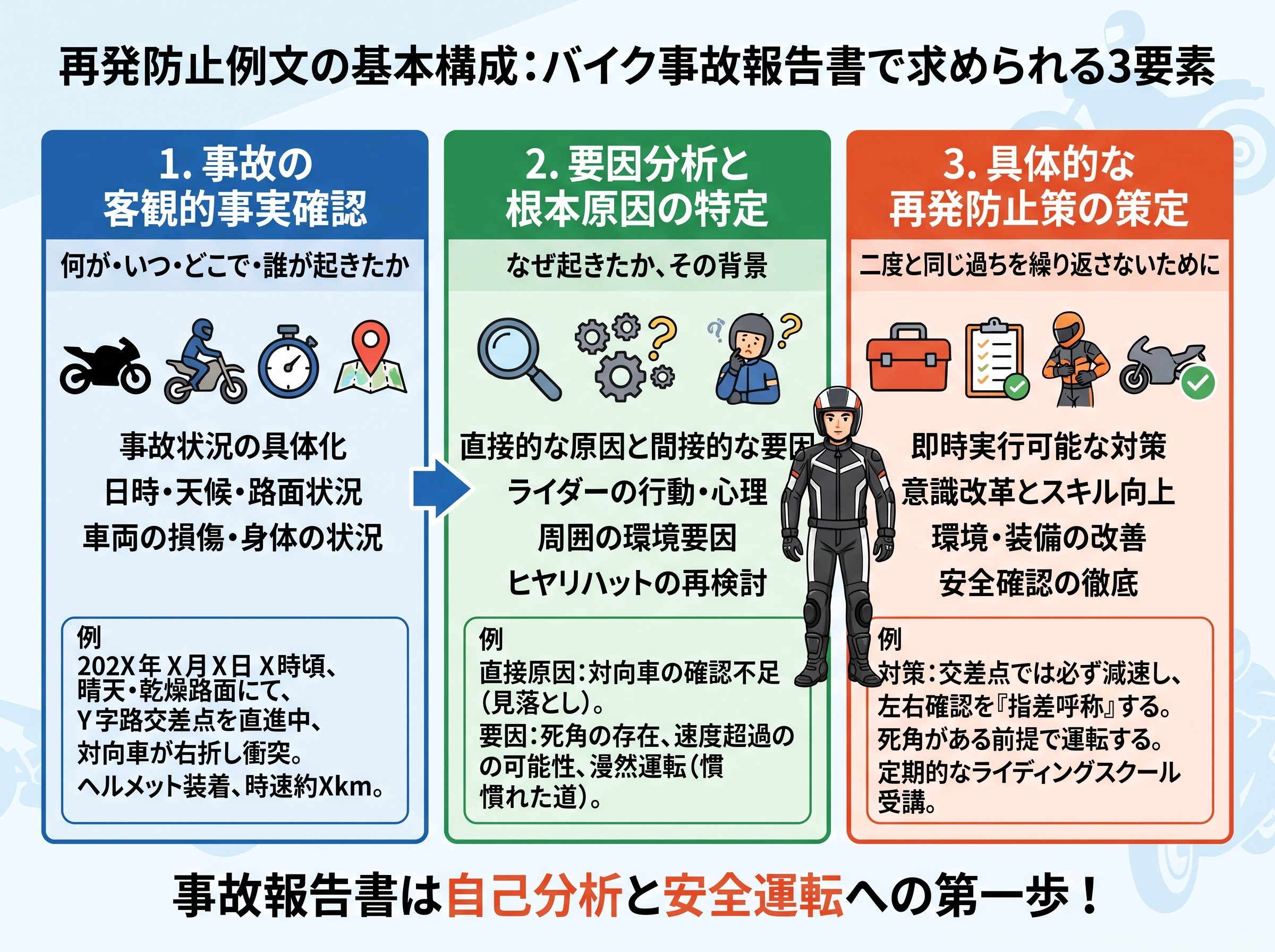 再発防止例文の基本構成：バイク事故報告書で求められる3要素