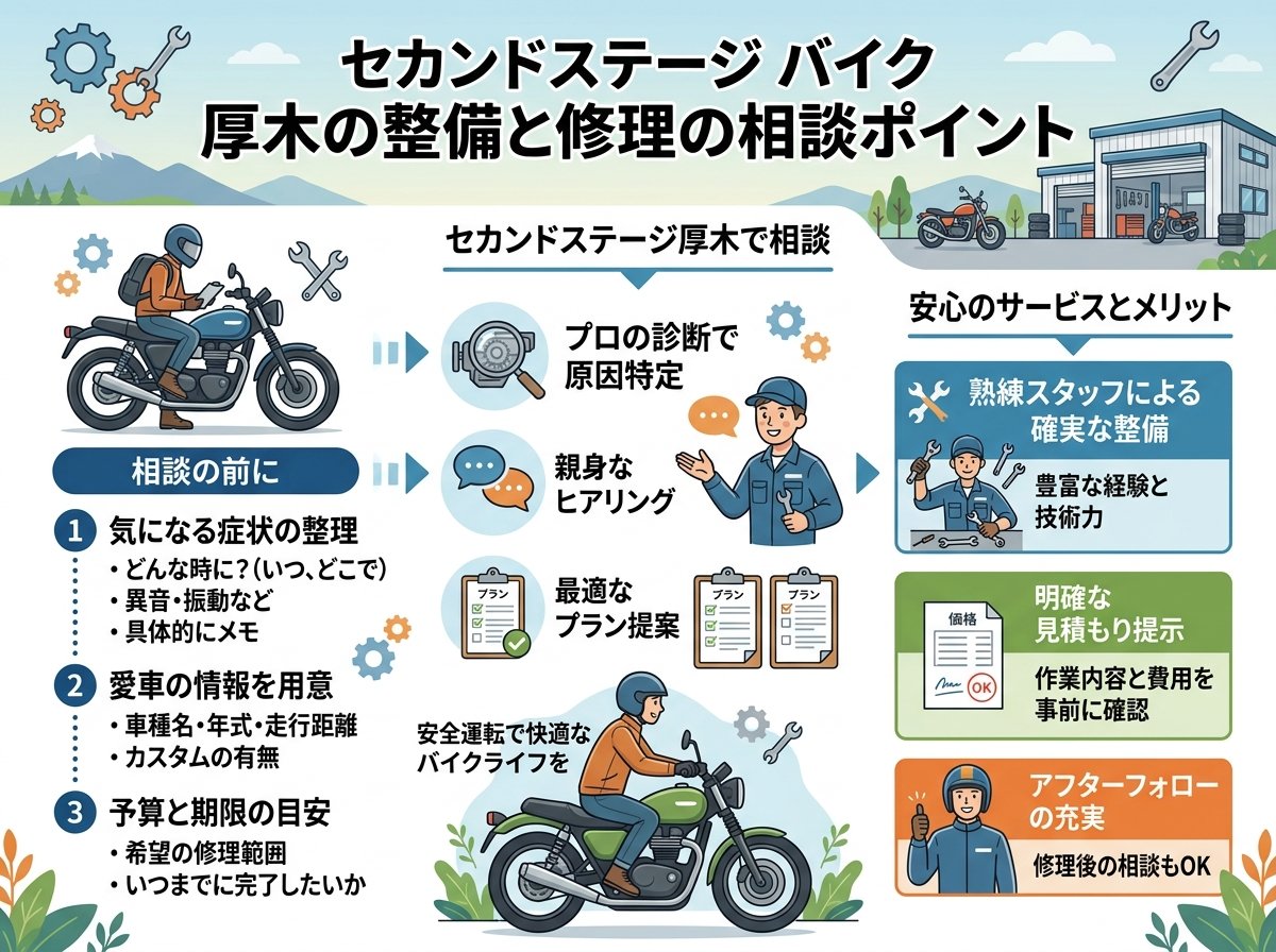 セカンドステージ バイク 厚木の整備と修理の相談ポイント