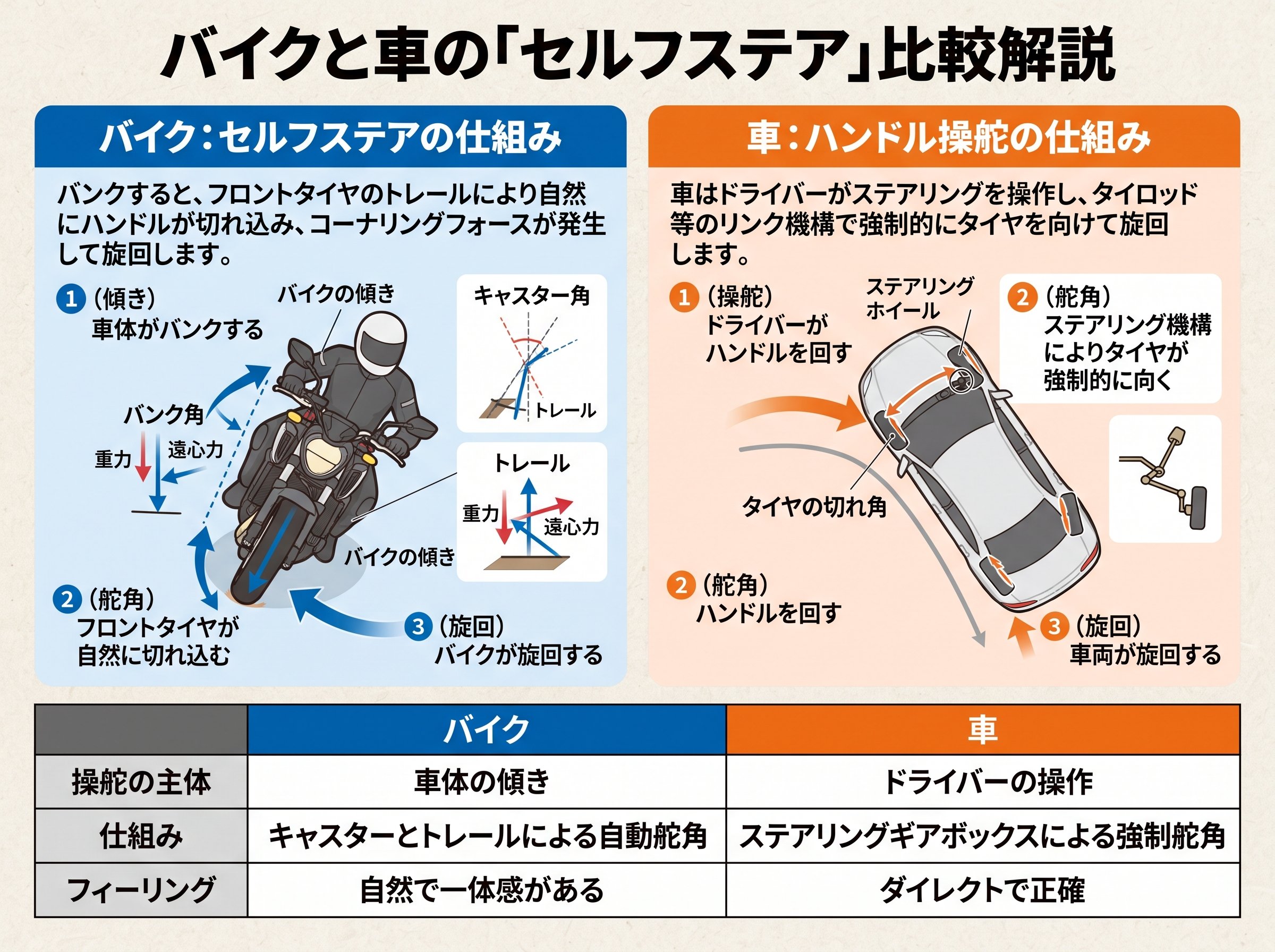 セルフステアの仕組みをバイクと車で比較する