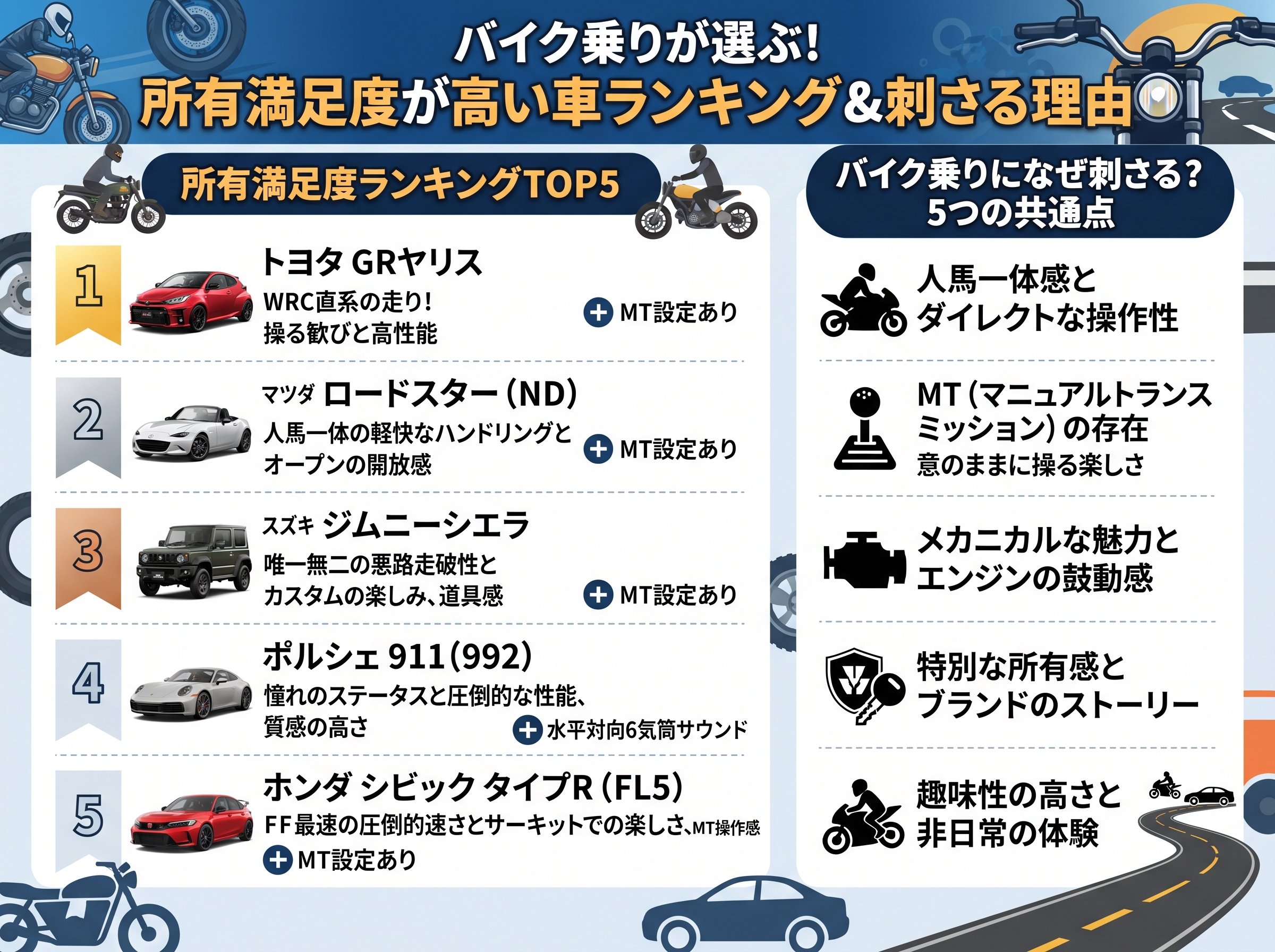 所有満足度が高い車ランキングとバイク乗りに刺さる理由