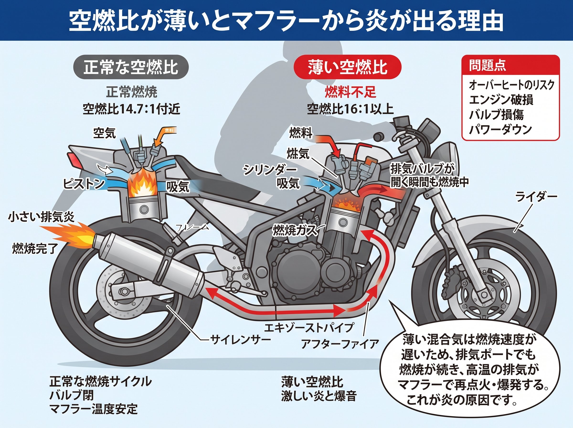 空燃比が薄いとマフラーから炎が出る
