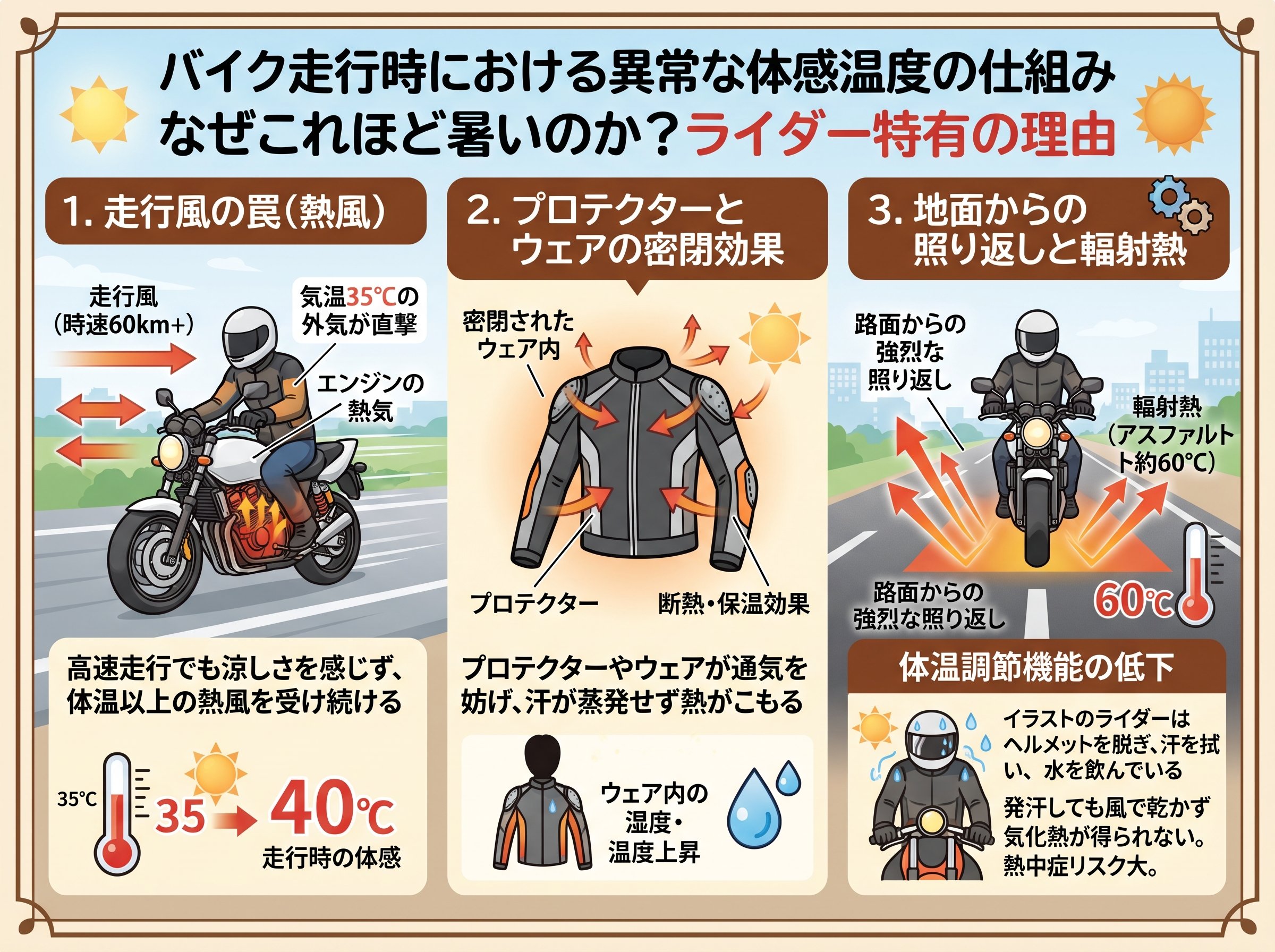 体感温度おかしい暑いと感じるバイク走行の特殊性