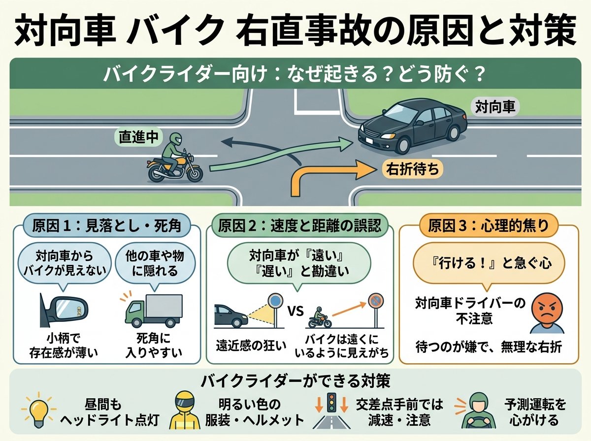 対向車 バイク 右直事故の原因