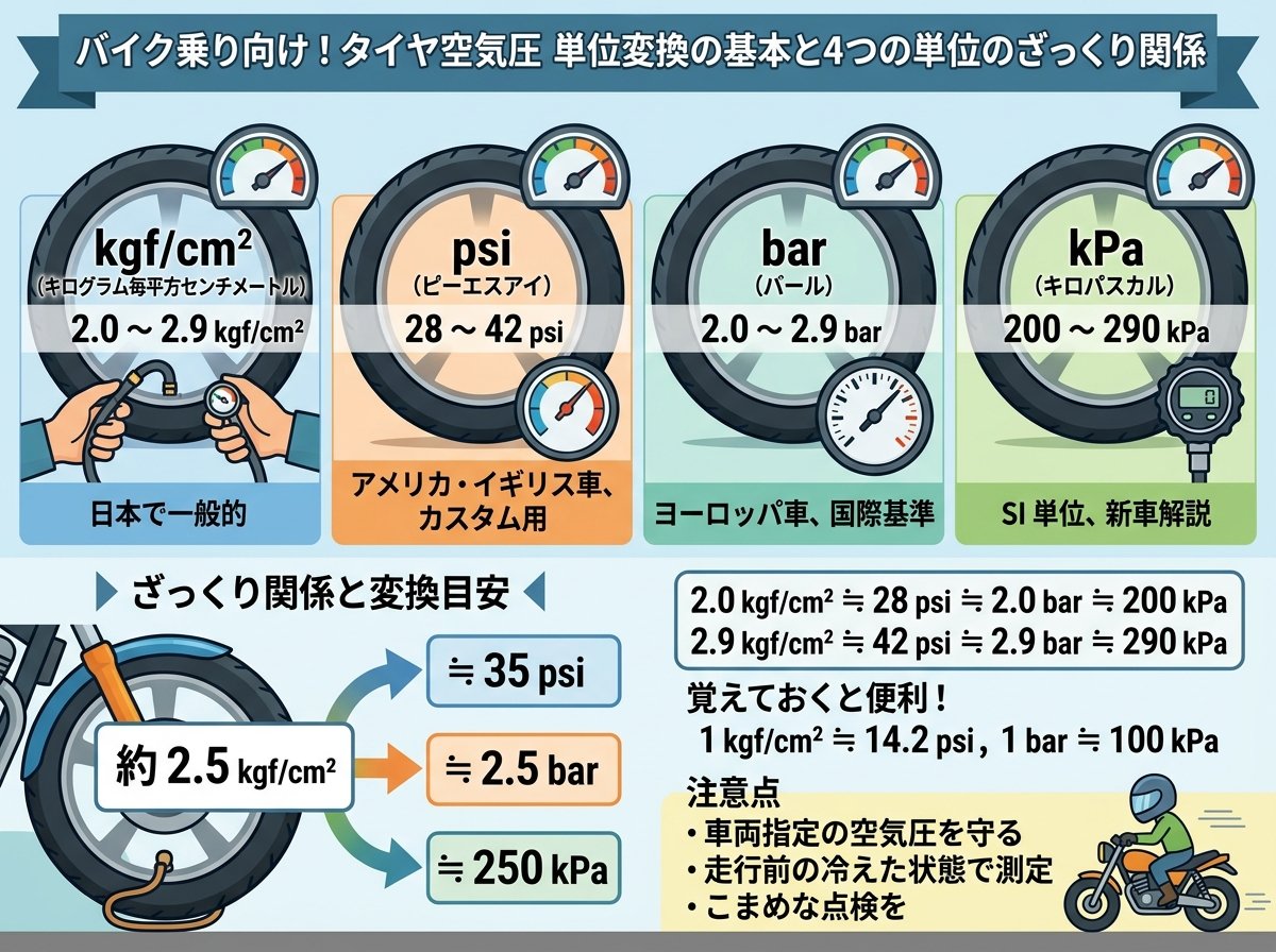 タイヤ空気圧 単位 変換の基本と4つの単位のざっくり関係