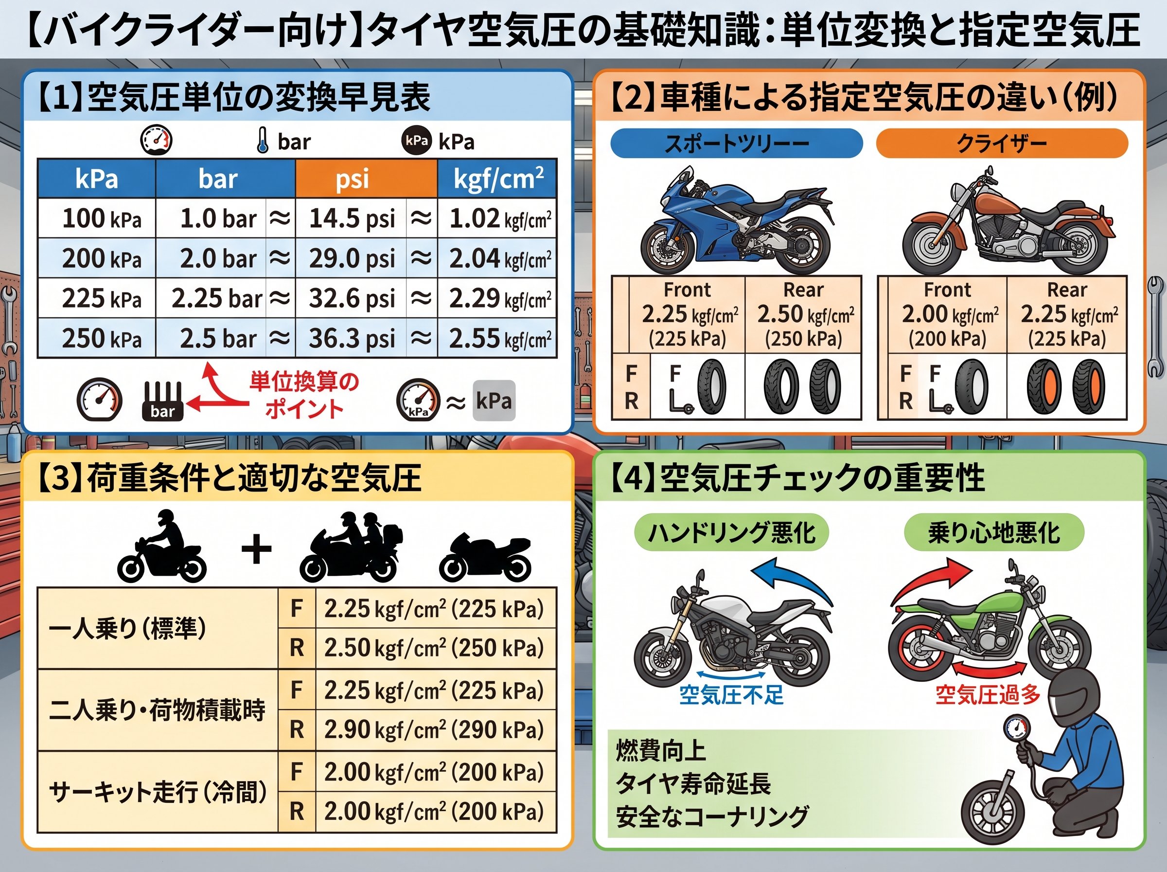 タイヤ空気圧 単位 変換とバイク特有の前後指定値・荷重条件
