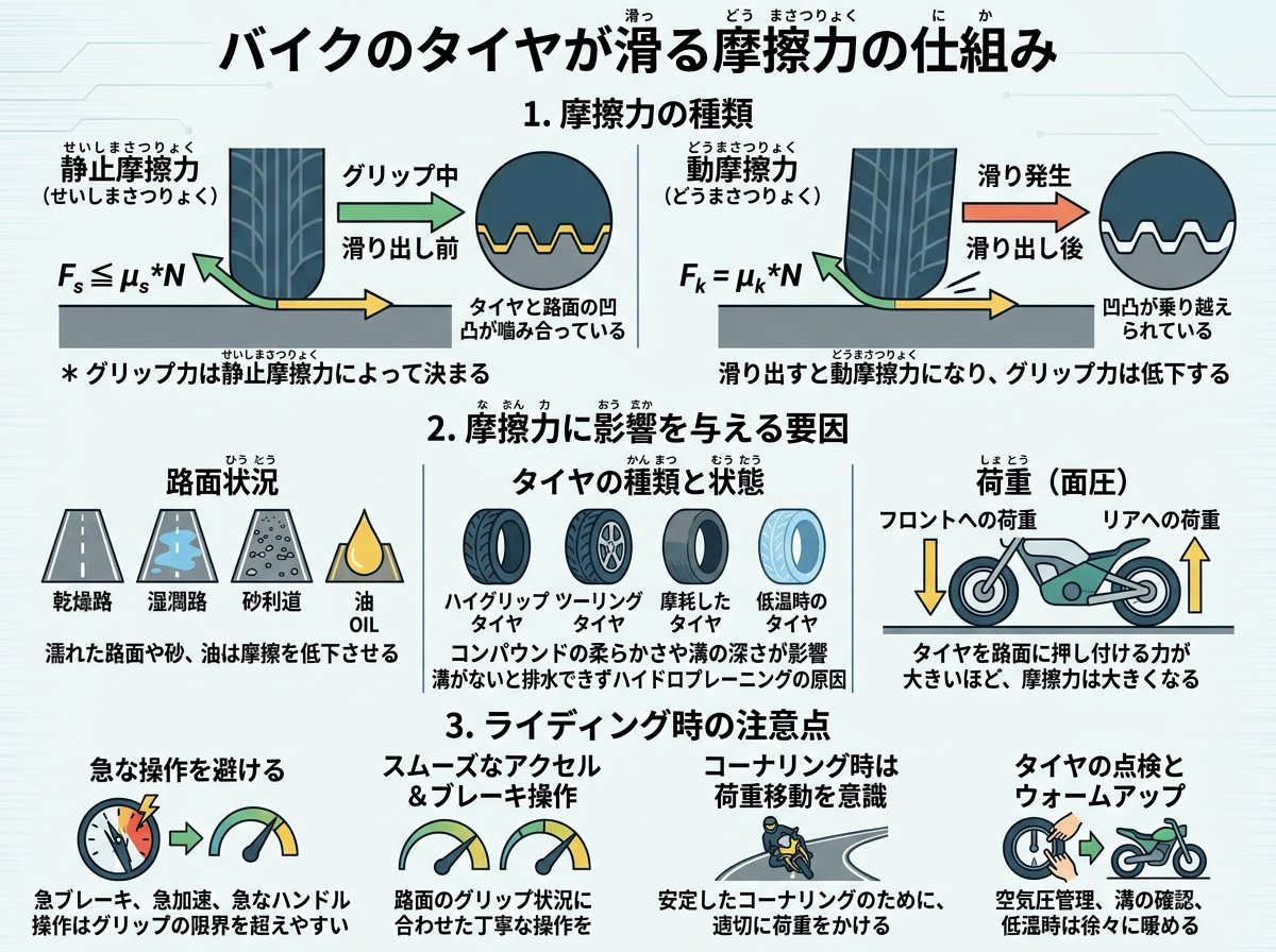 バイクのタイヤが滑る摩擦力の仕組み