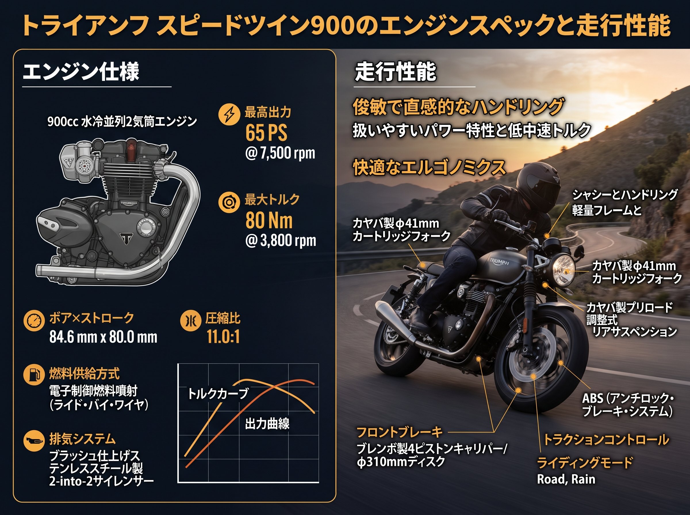 トライアンフ スピードツイン900のエンジンスペックと走行性能