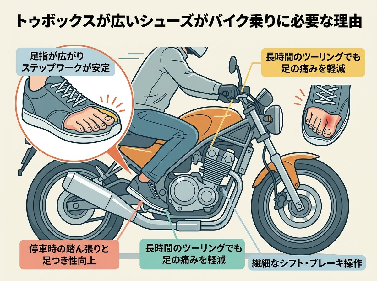 トゥボックスが広いランニングシューズがバイク乗りに必要な理由