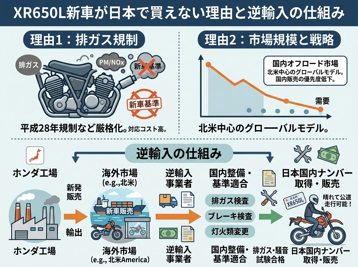 XR650L新車が日本で買えない理由と逆輸入の仕組み